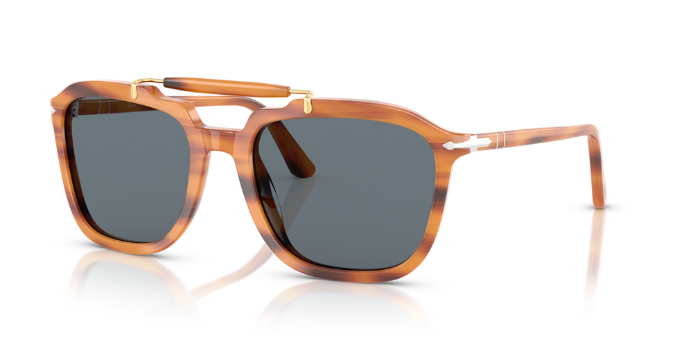 Persol PO0203S - Senna Series with Striped Brown Frame and Blue Lenses - Image 1