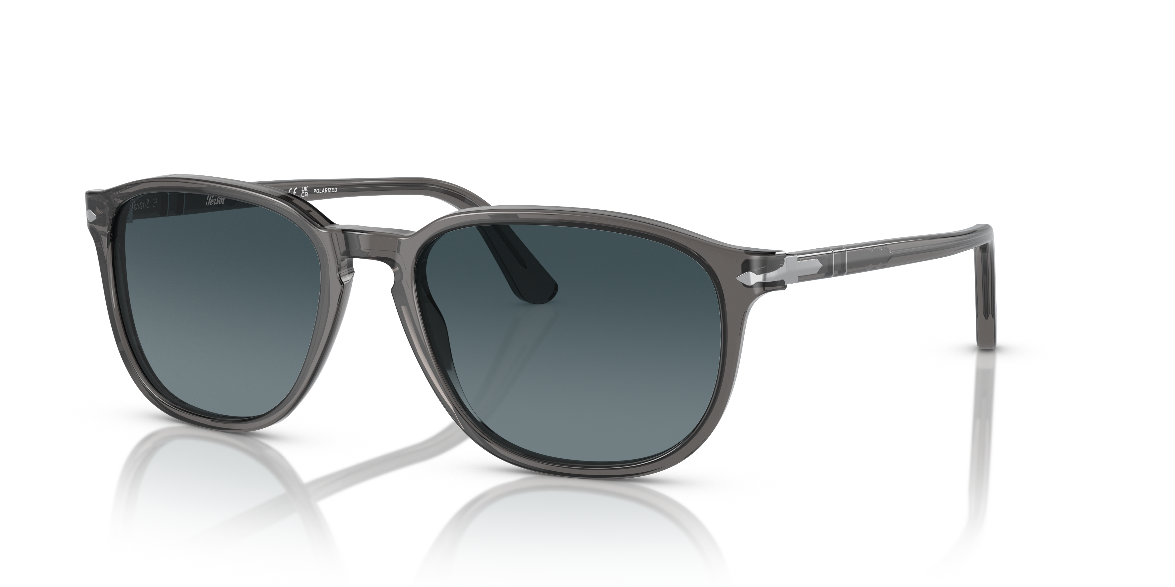 Persol PO3019S square sunglasses in transparent grey with blue lenses front view