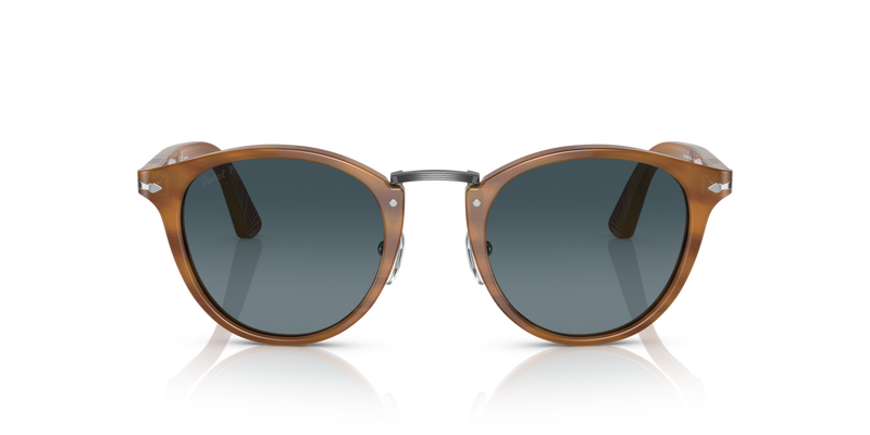 Visit PO3108S with Striped Brown Frame and Blue Lenses