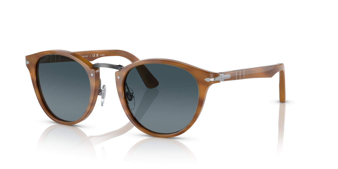 Persol PO3108S with Striped Brown Frame and Blue Lenses - Image 1