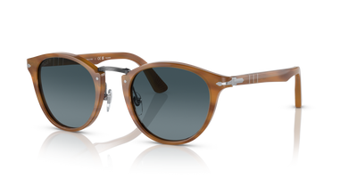 Persol PO3108S with Striped Brown Frame and Blue Lenses - Image 1