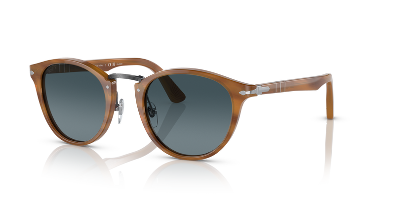 Visit PO3108S with Striped Brown Frame and Blue Lenses
