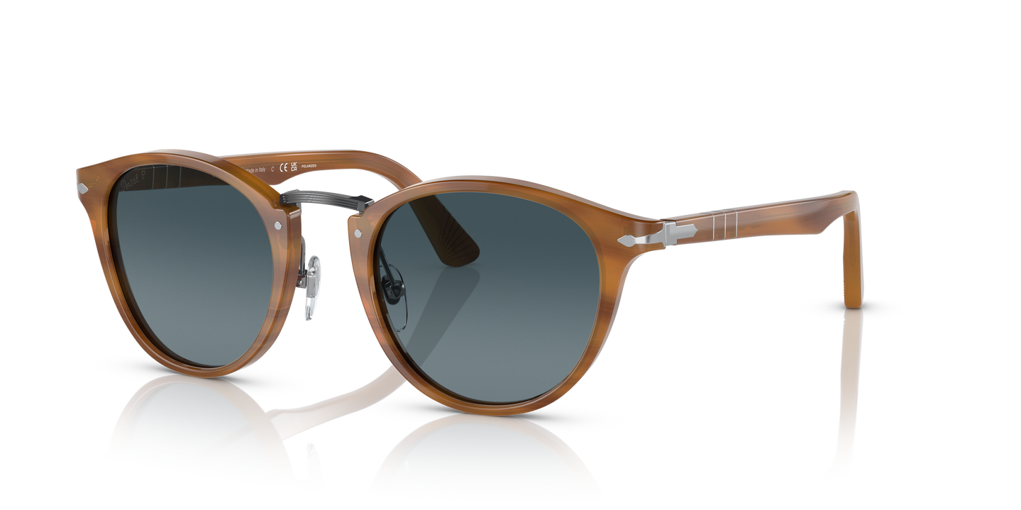 Persol PO3108S with Striped Brown Frame and Blue Lenses - Image 1