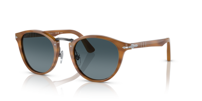 Persol PO3108S with Striped Brown Frame and Blue Lenses - Image 1
