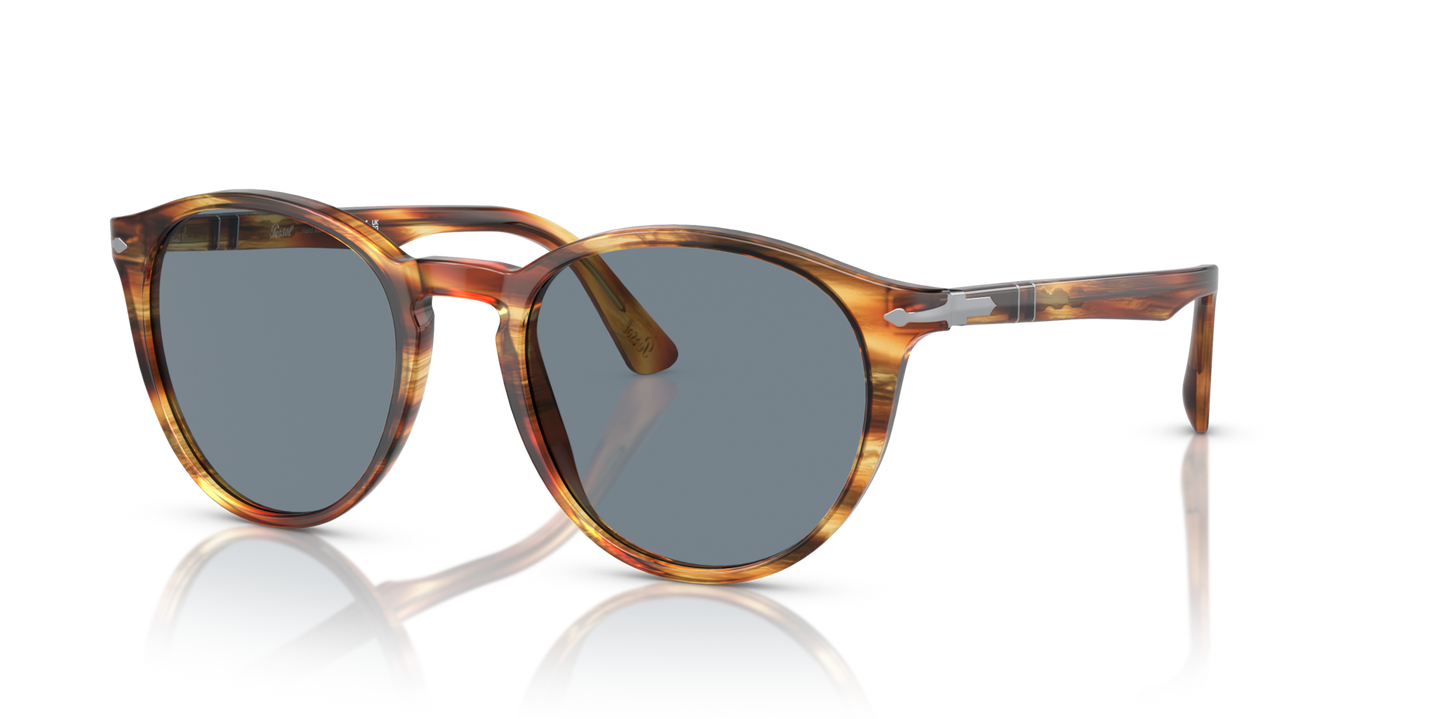 Persol PO3152S with Brown Striped Yellow Frame and Blue Lenses - Image 1