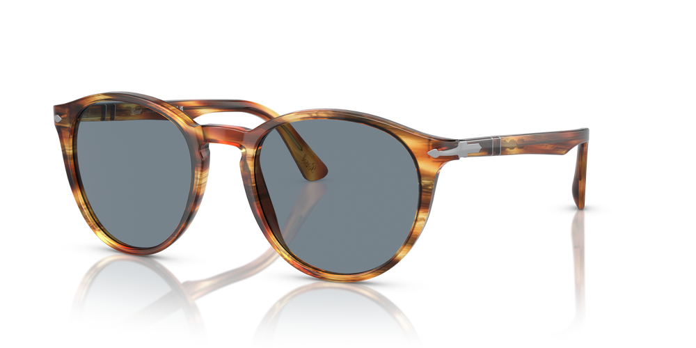 Persol PO3152S with Brown Striped Yellow Frame and Blue Lenses - Image 1