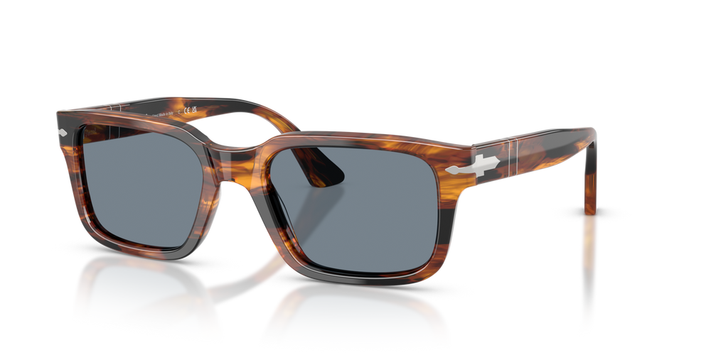 Persol PO3272S with Striped Black &amp; Brown Frame and Blue Lenses - Image 1