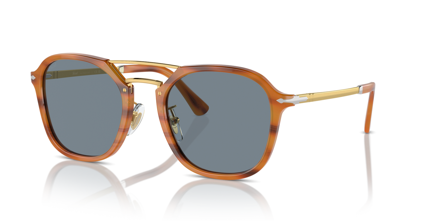 Persol PO3352S with Striped Brown Frame and Blue Lenses - Image 1