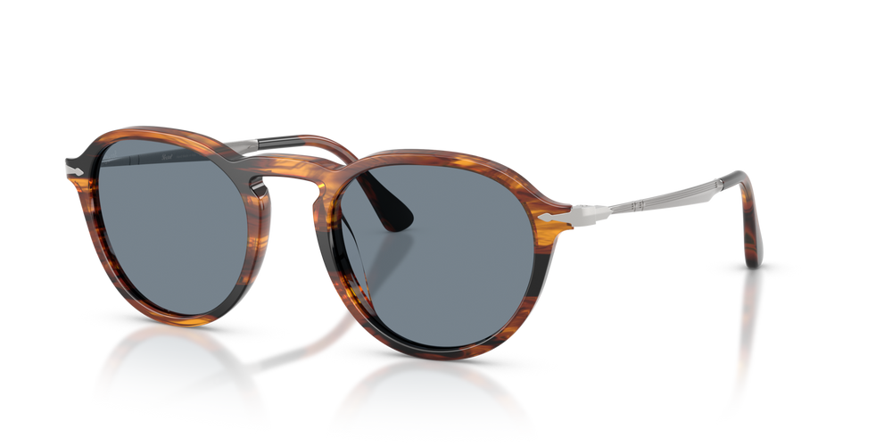 Persol PO3383S with Striped Black &amp; Brown Frame and Blue Lenses - Image 1