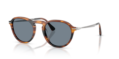 Persol PO3383S with Striped Black &amp; Brown Frame and Blue Lenses - Image 1