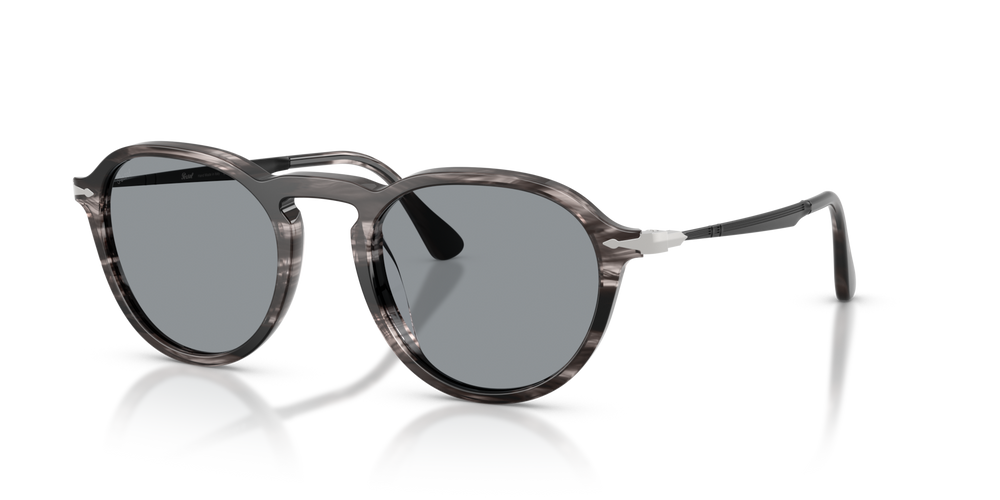 Persol PO3383S with Striped Black &amp; Grey Frame and Blue Lenses - Image 1