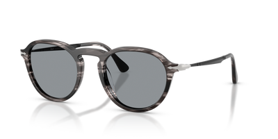 Persol PO3383S with Striped Black &amp; Grey Frame and Blue Lenses - Image 1
